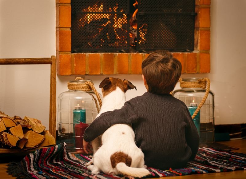 ennuyé-enfant-chien-restant-à-la-maison-pendant le chauffage d'urgence 